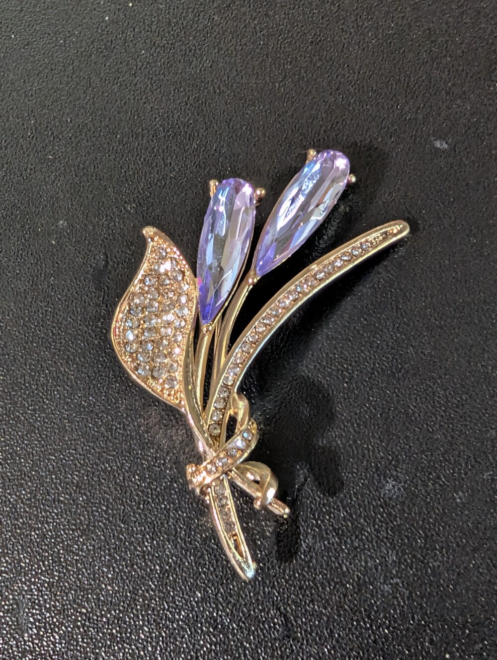 Gold-Tone Floral Brooch with Lavender Crystal Accents